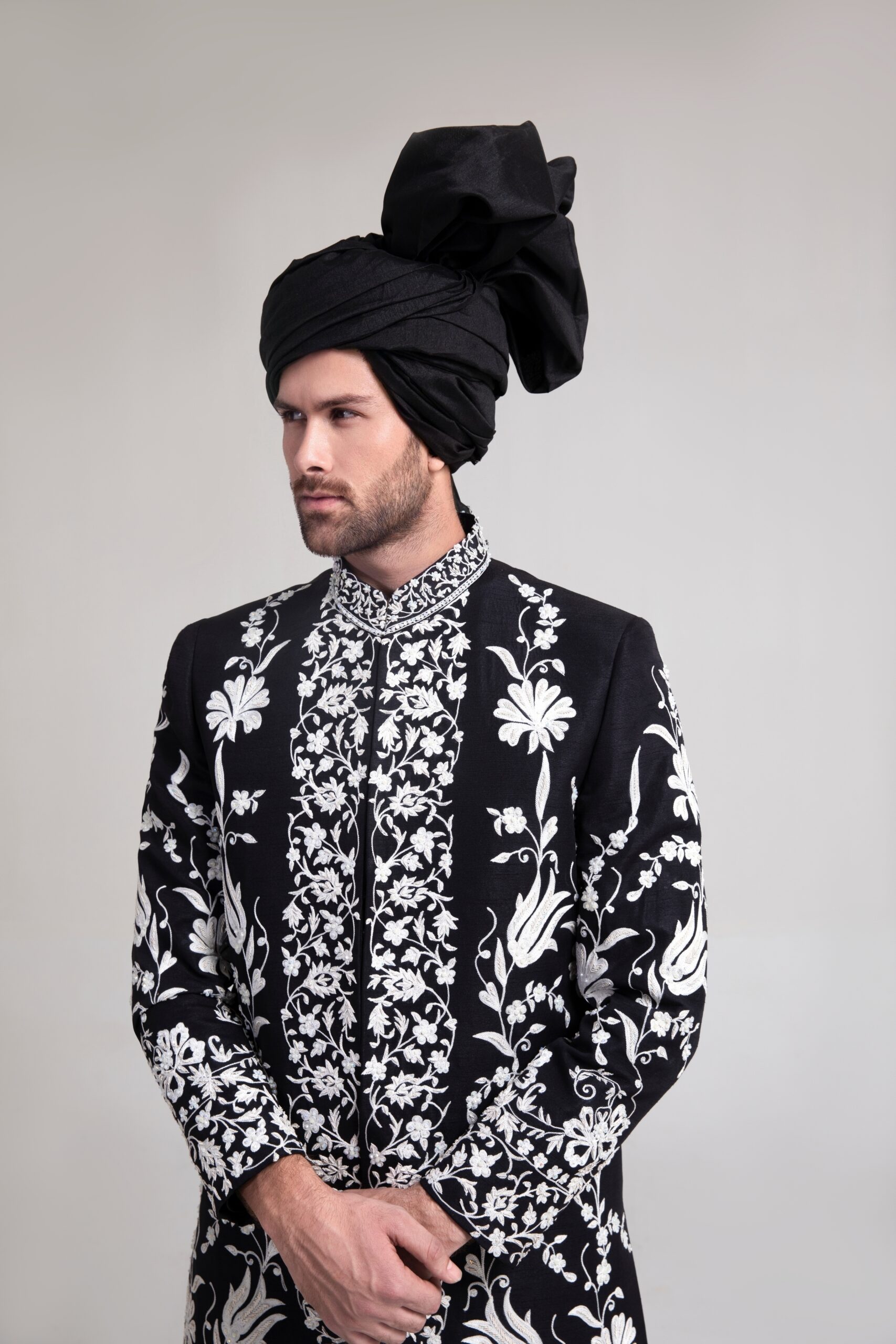 Black Embroidered Silk-Blend Sherwani (2-Piece) - Image 1