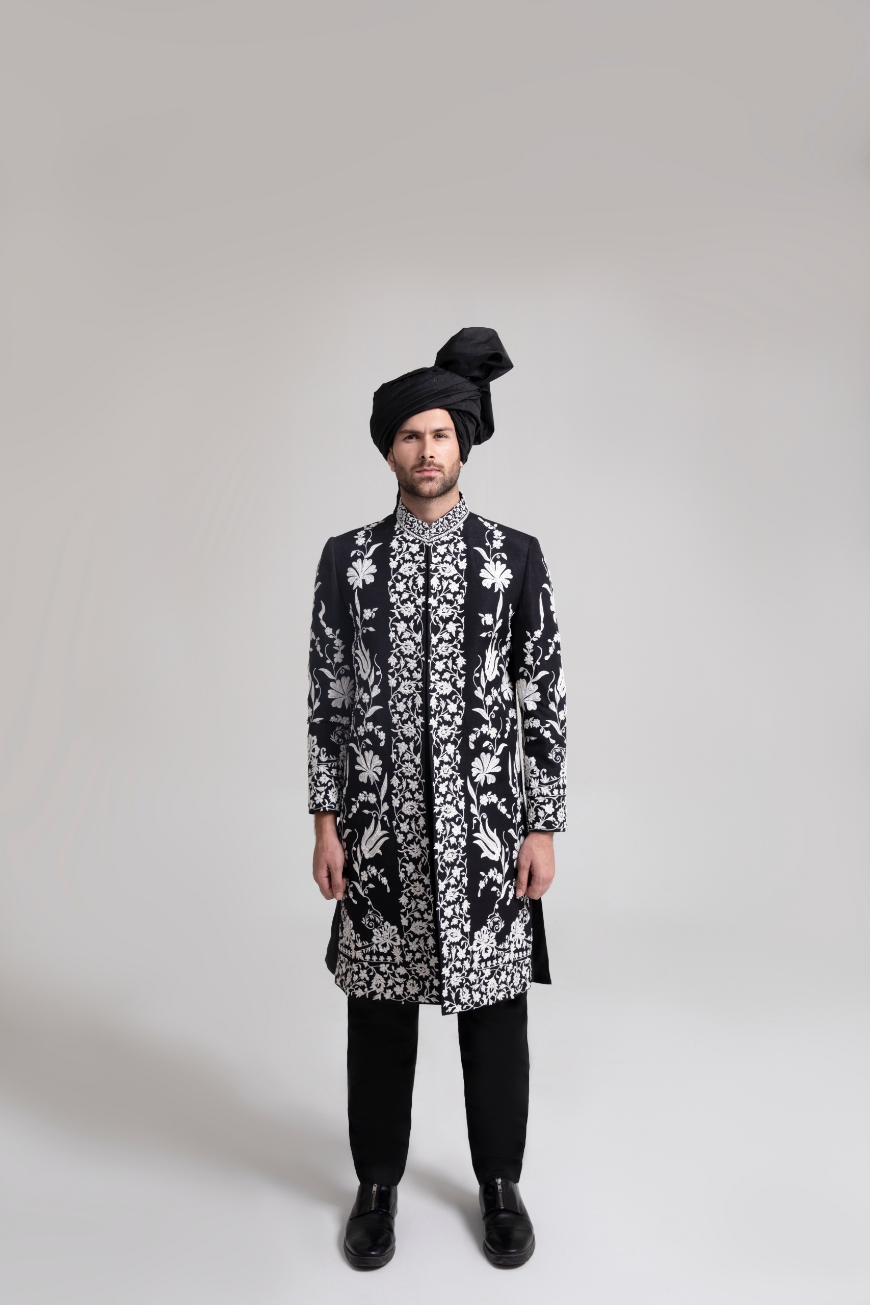 Black Embroidered Silk-Blend Sherwani (2-Piece) - Image 2