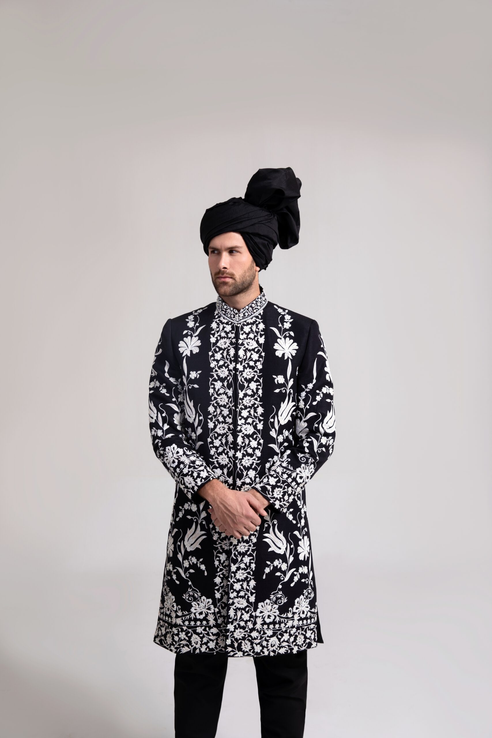 Black Embroidered Silk-Blend Sherwani (2-Piece) - Image 3