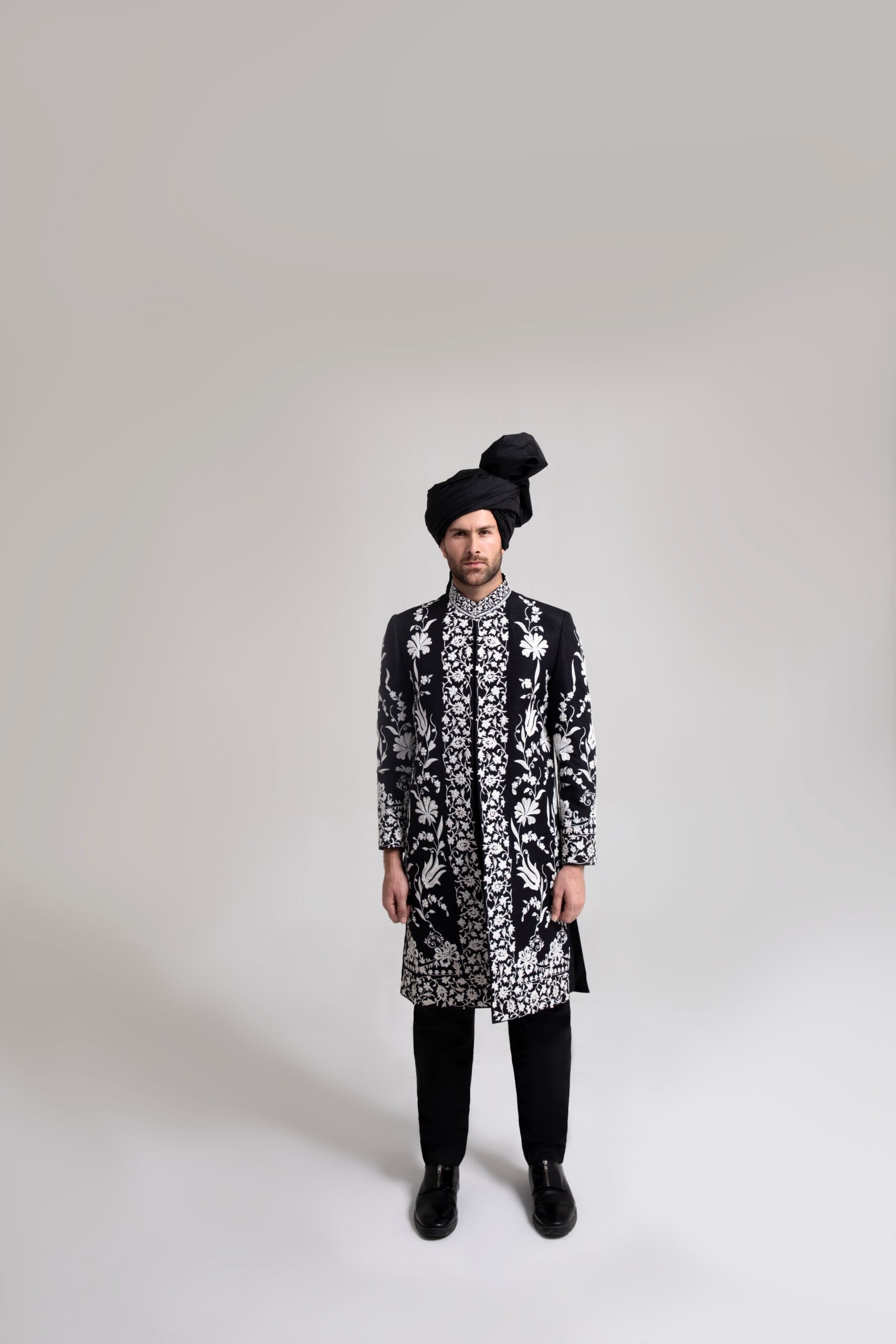 Black Embroidered Silk-Blend Sherwani (2-Piece) - Image 4