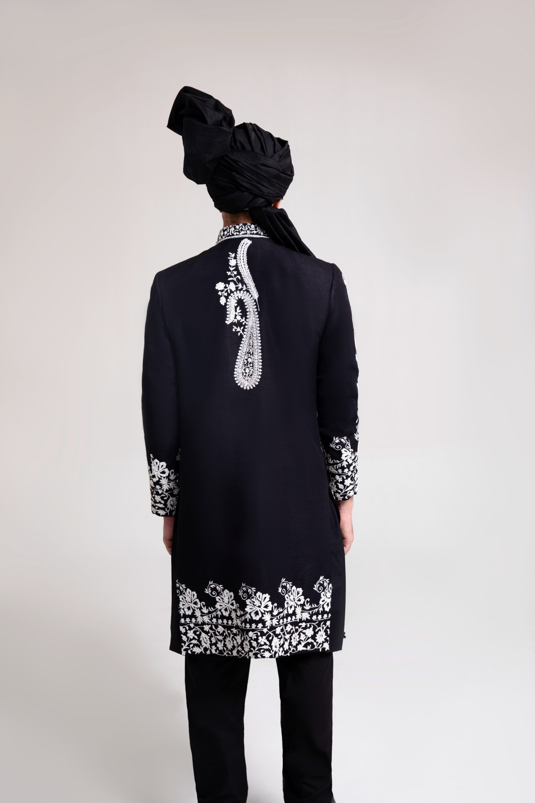 Black Embroidered Silk-Blend Sherwani (2-Piece) - Image 5
