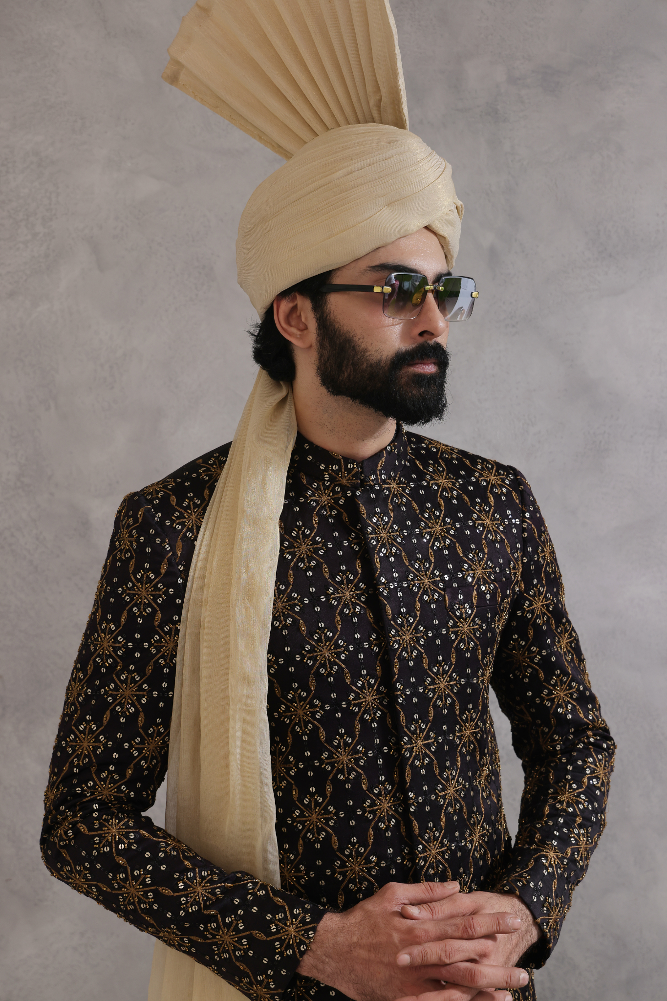 Black Embroidered Silk-Blend Sherwani (3-Piece) - Image 1