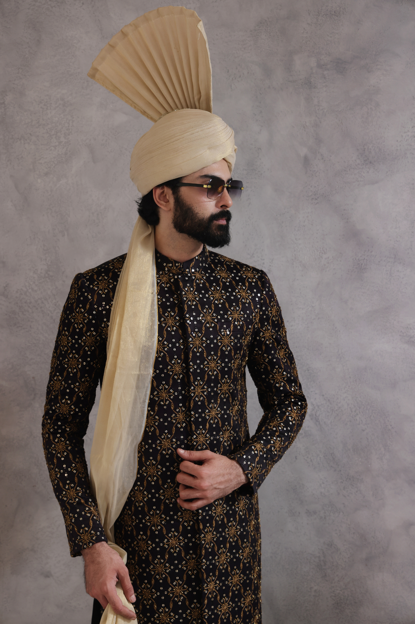 Black Embroidered Silk-Blend Sherwani (3-Piece) - Image 3