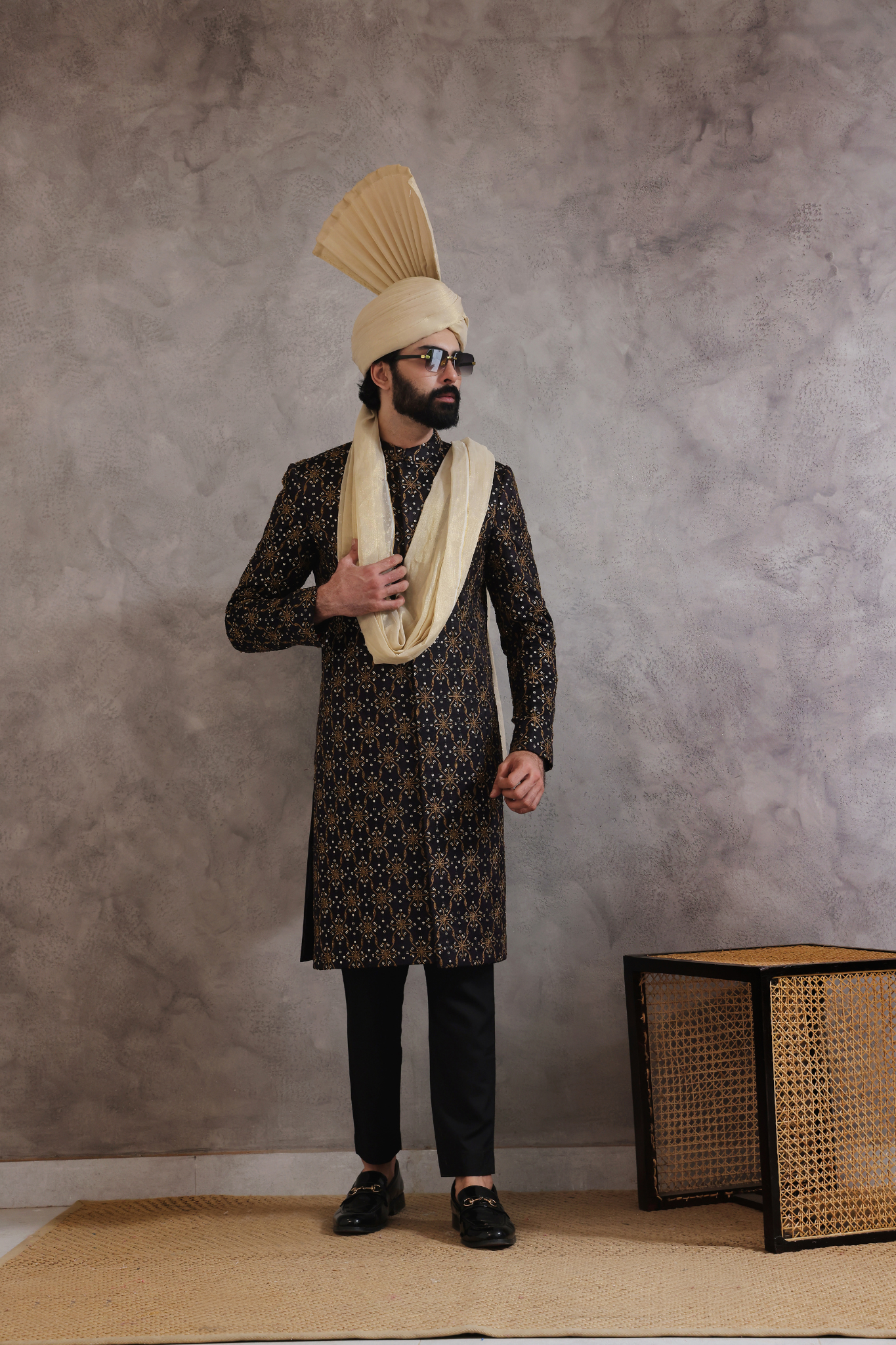 Black Embroidered Silk-Blend Sherwani (3-Piece) - Image 5