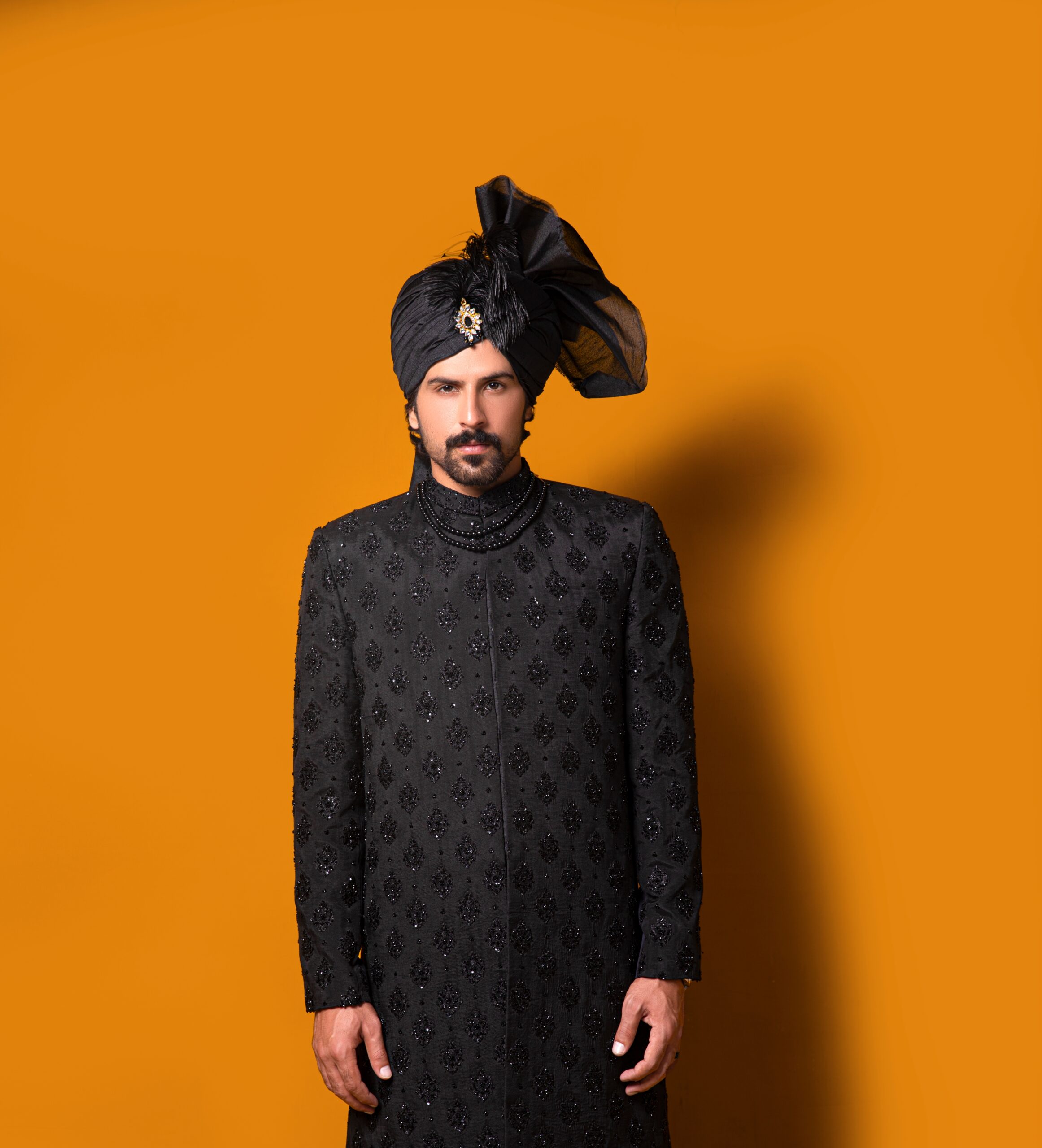 Black Chikankari Embroidered Silk-Blend Sherwani (3-Piece) - Image 3
