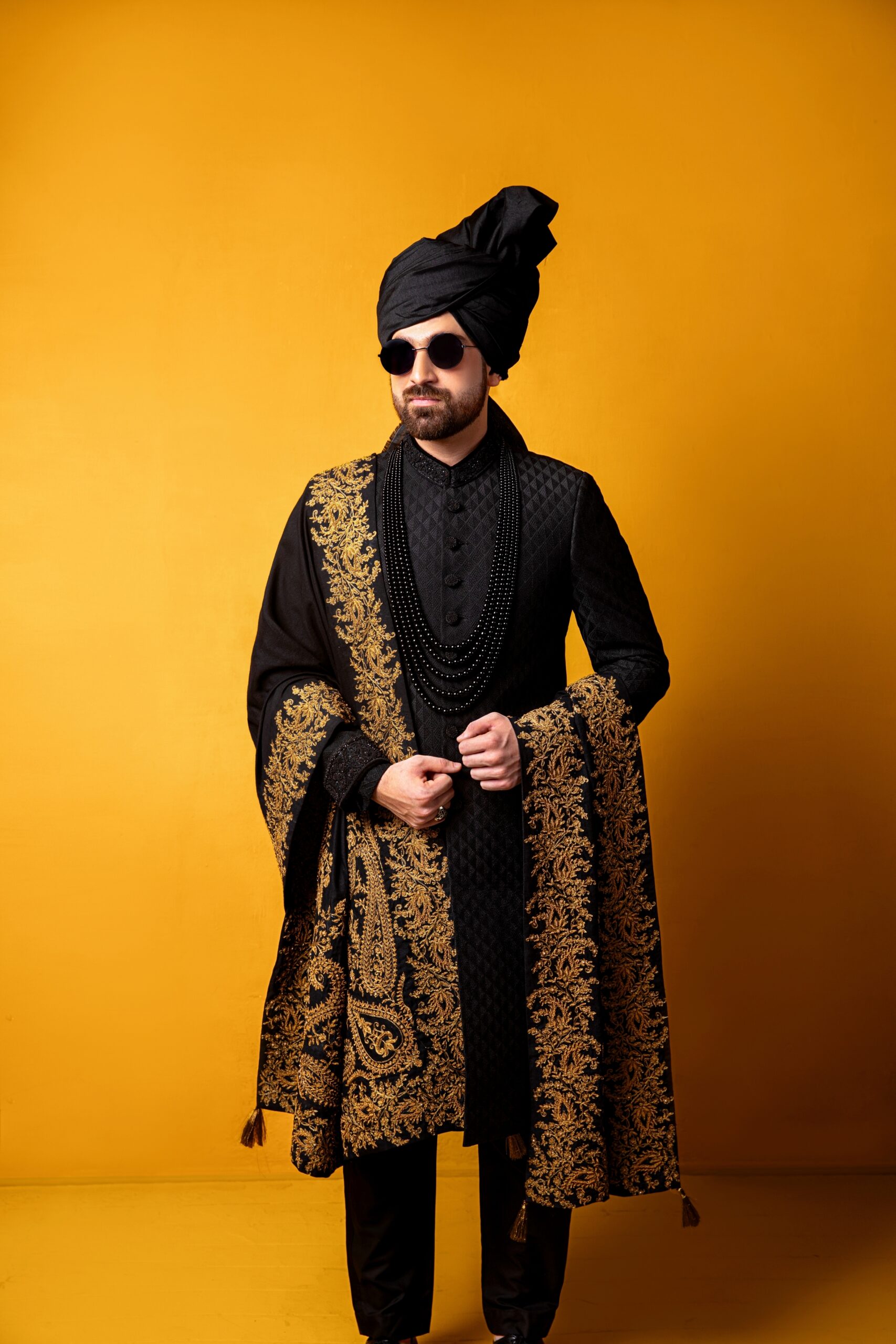 Black Gold Embroidered Silk-Blend Sherwani (3-Piece) - Image 1