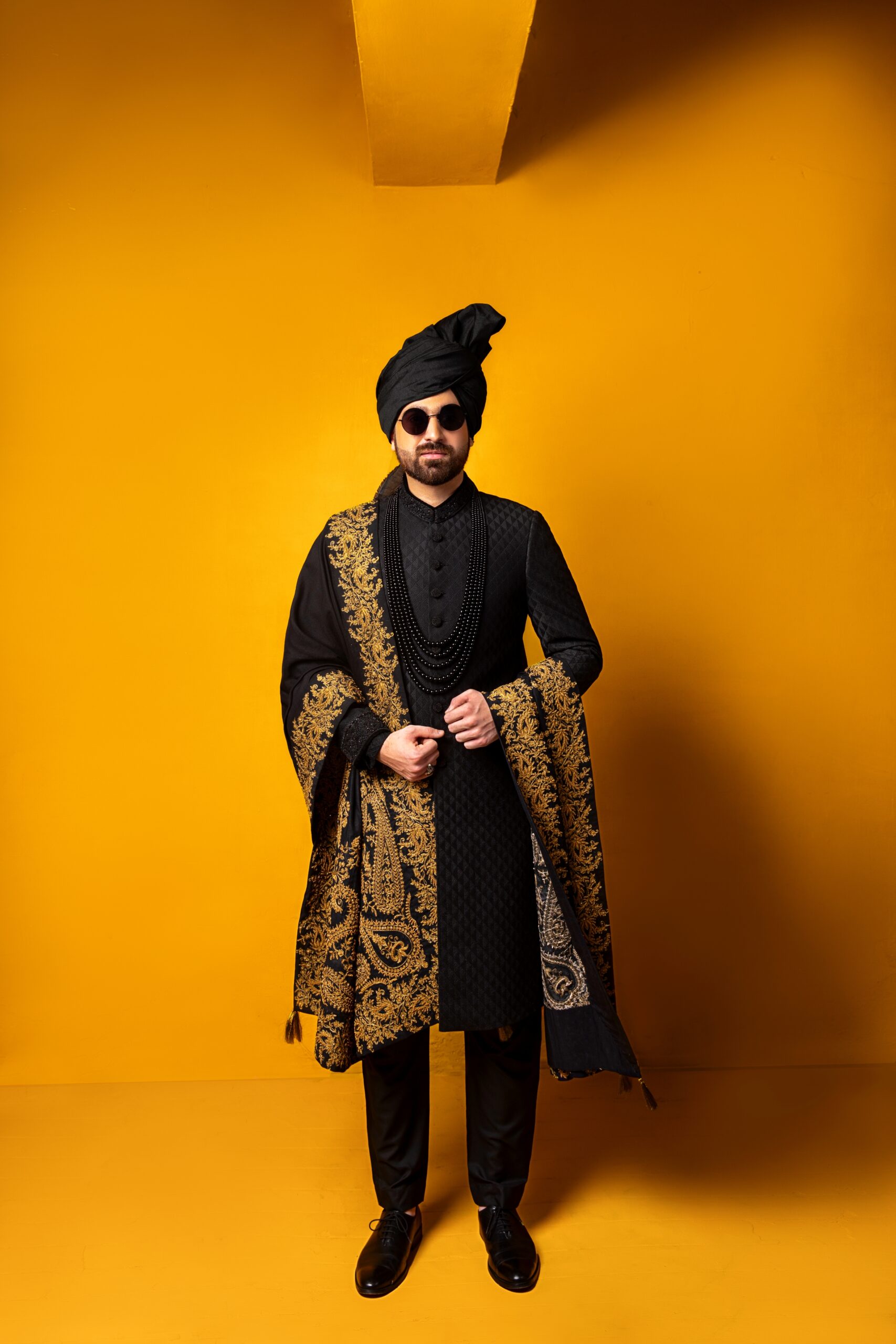 Black Gold Embroidered Silk-Blend Sherwani (3-Piece) - Image 2