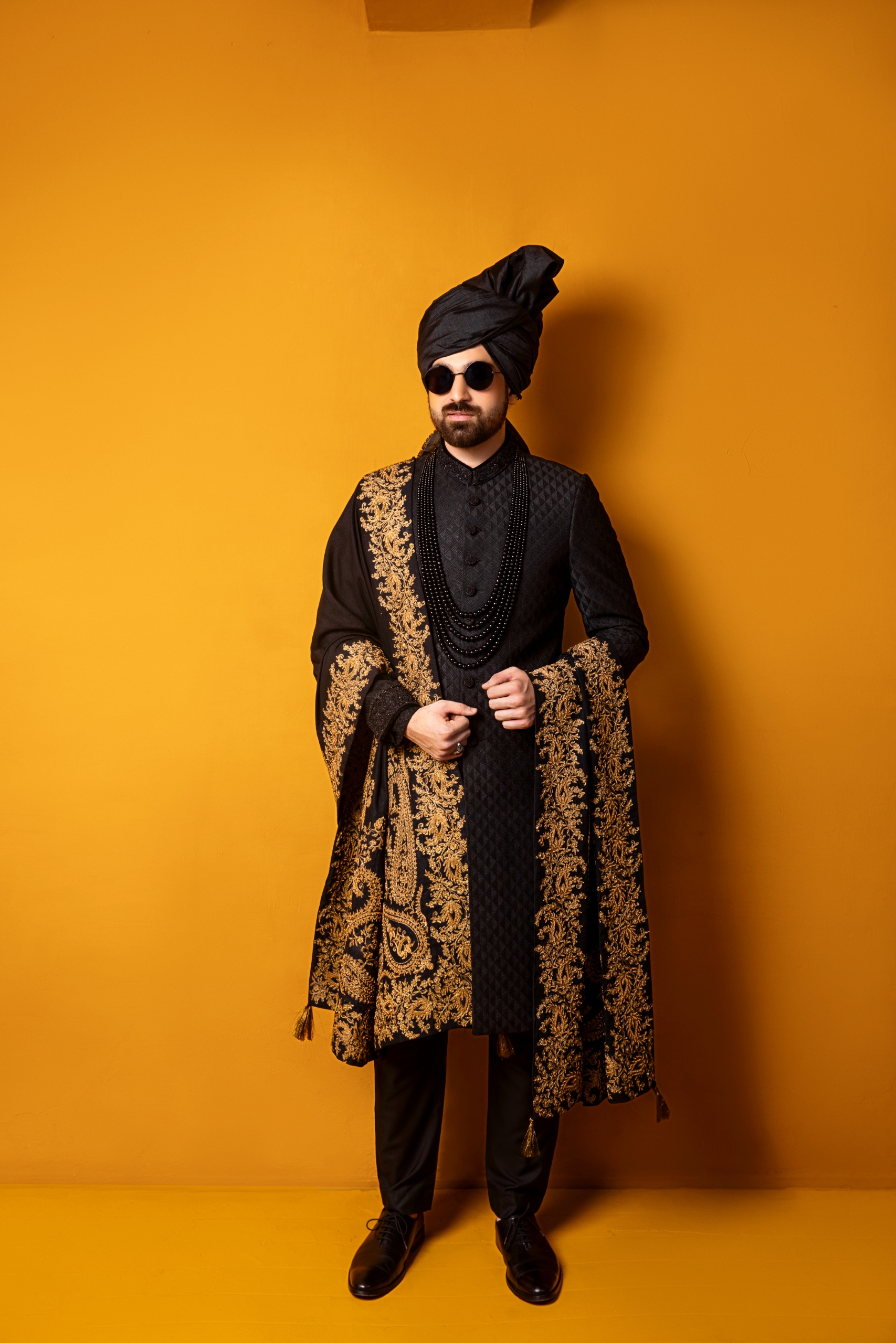 Black Gold Embroidered Silk-Blend Sherwani (3-Piece) - Image 3