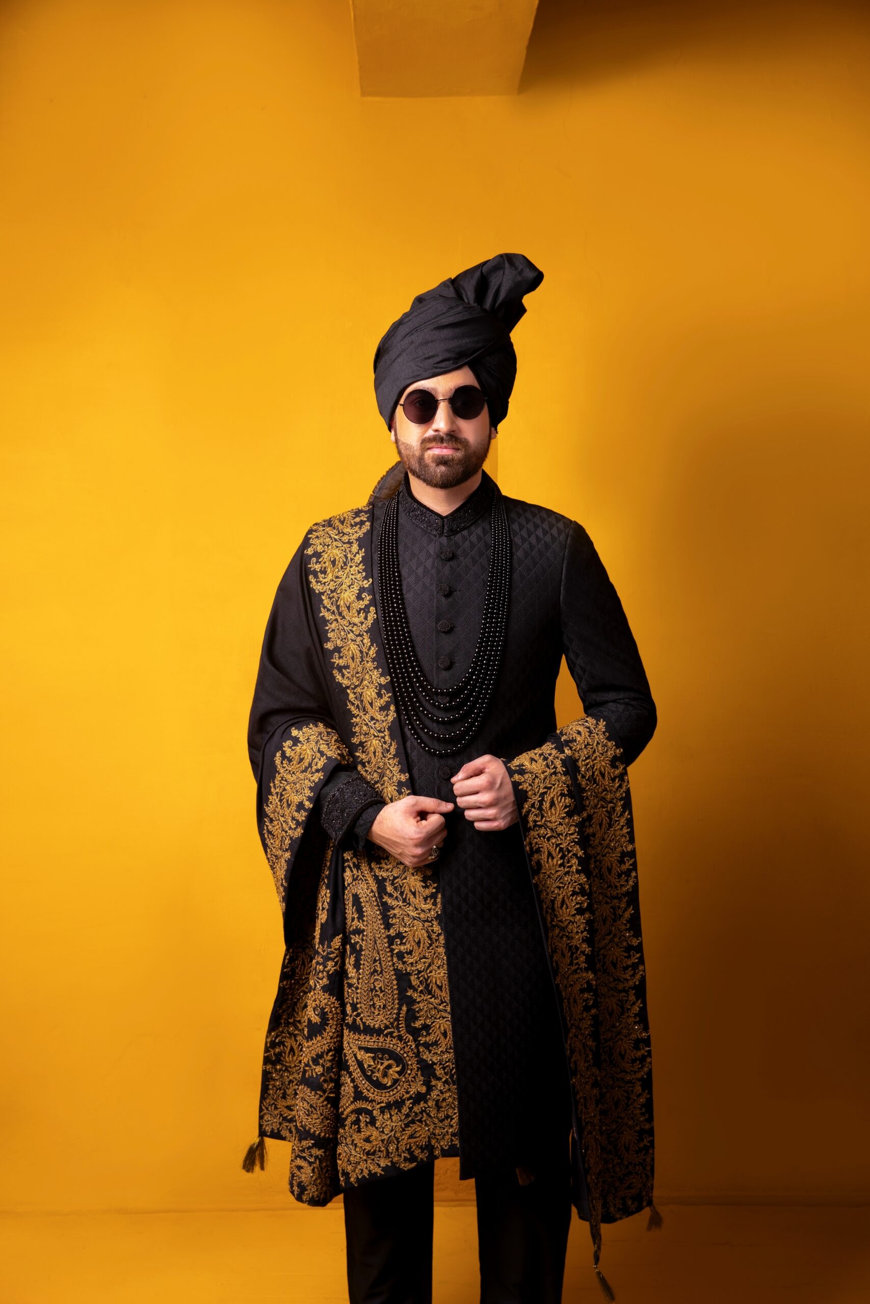 Black Gold Embroidered Silk-Blend Sherwani (3-Piece) - Image 4