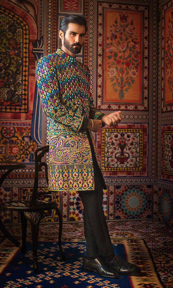 Black Multicolour Embroidered Silk-Blend Sherwani (2-Piece) - Image 2