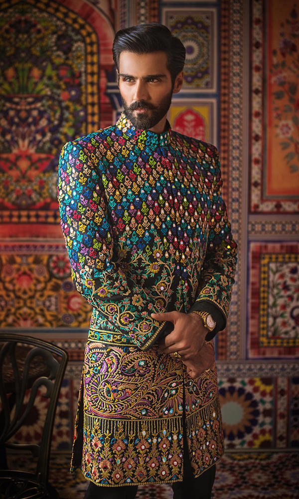 Black Multicolour Embroidered Silk-Blend Sherwani (2-Piece) - Image 3