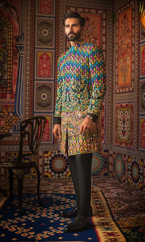 Black Multicolour Embroidered Silk-Blend Sherwani (2-Piece) - Image 4