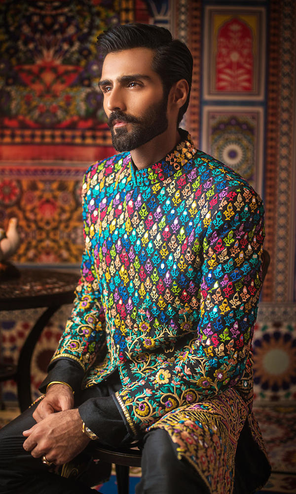 Black Multicolour Embroidered Silk-Blend Sherwani (2-Piece) - Image 5