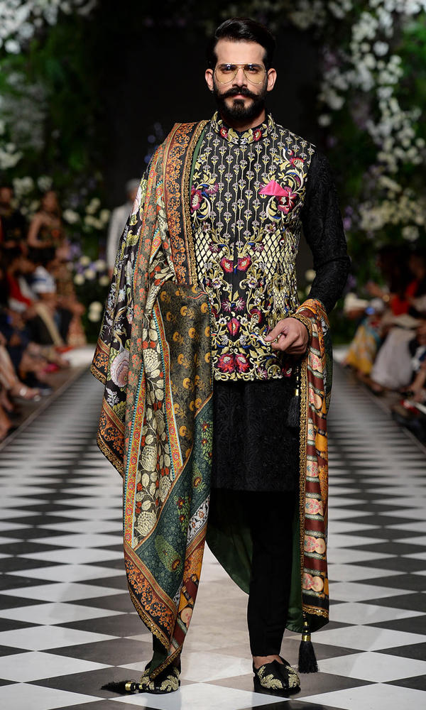 Black Embroidered Silk-Blend Sherwani (3-Piece) - Image 3