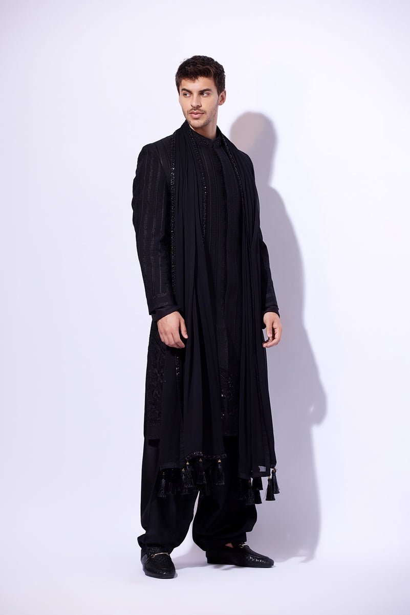 Black Embroidered Silk-Blend Sherwani (3-Piece) - Image 1