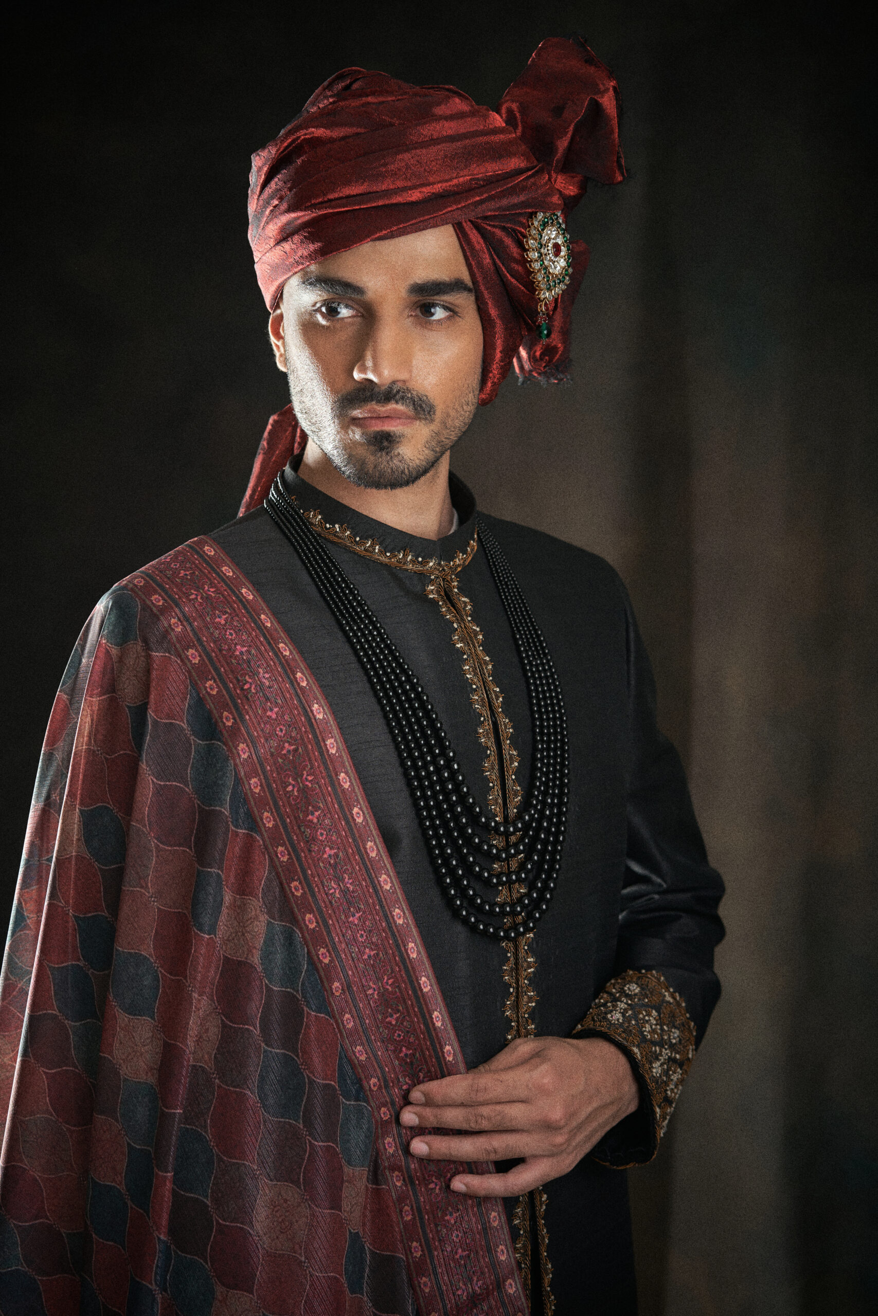 Black Embroidered Silk-Blend Groom Sherwani (3-Piece) - Image 1