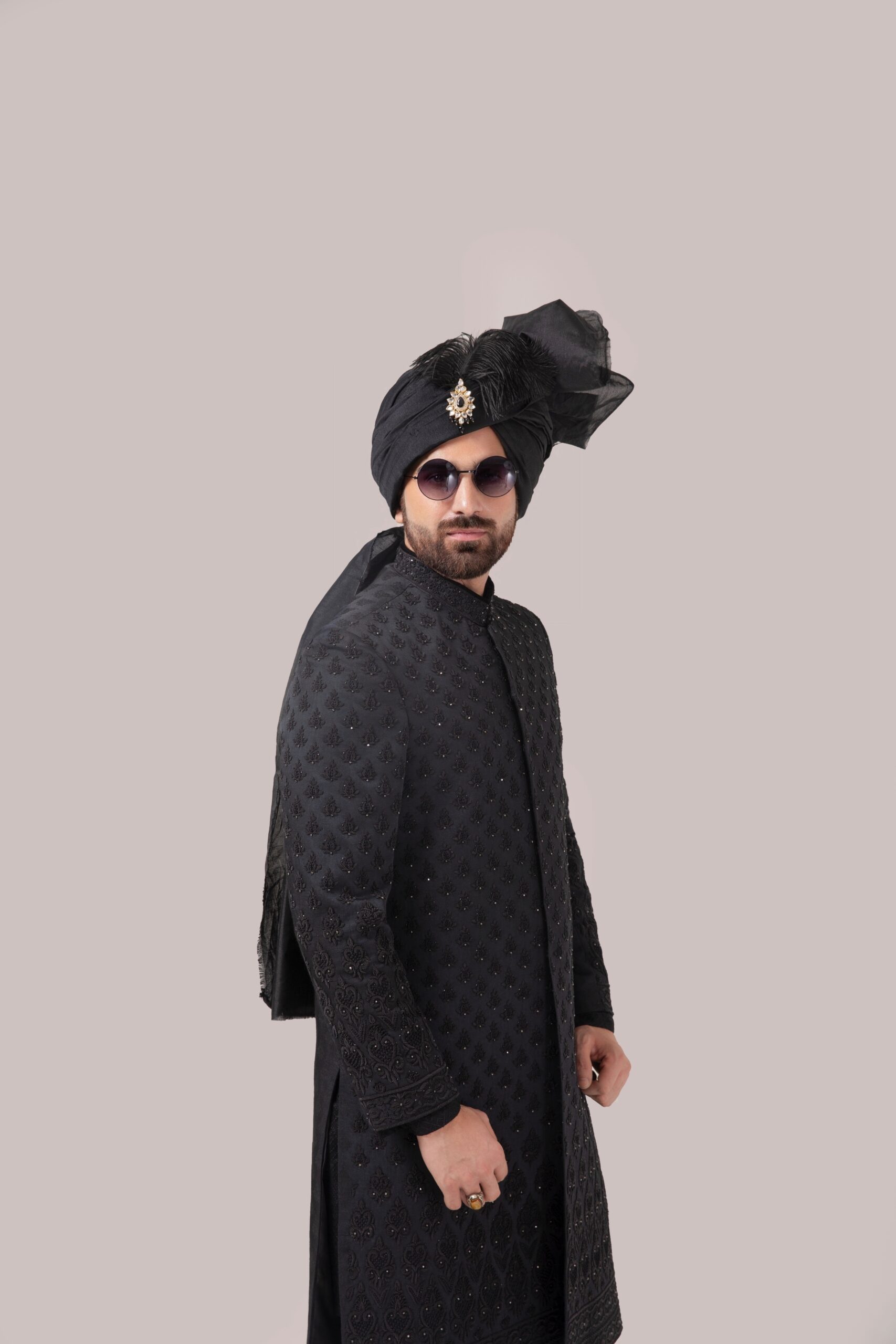Black Heavy Motif Embroidered Silk-Blend Sherwani (2-Piece) - Image 1