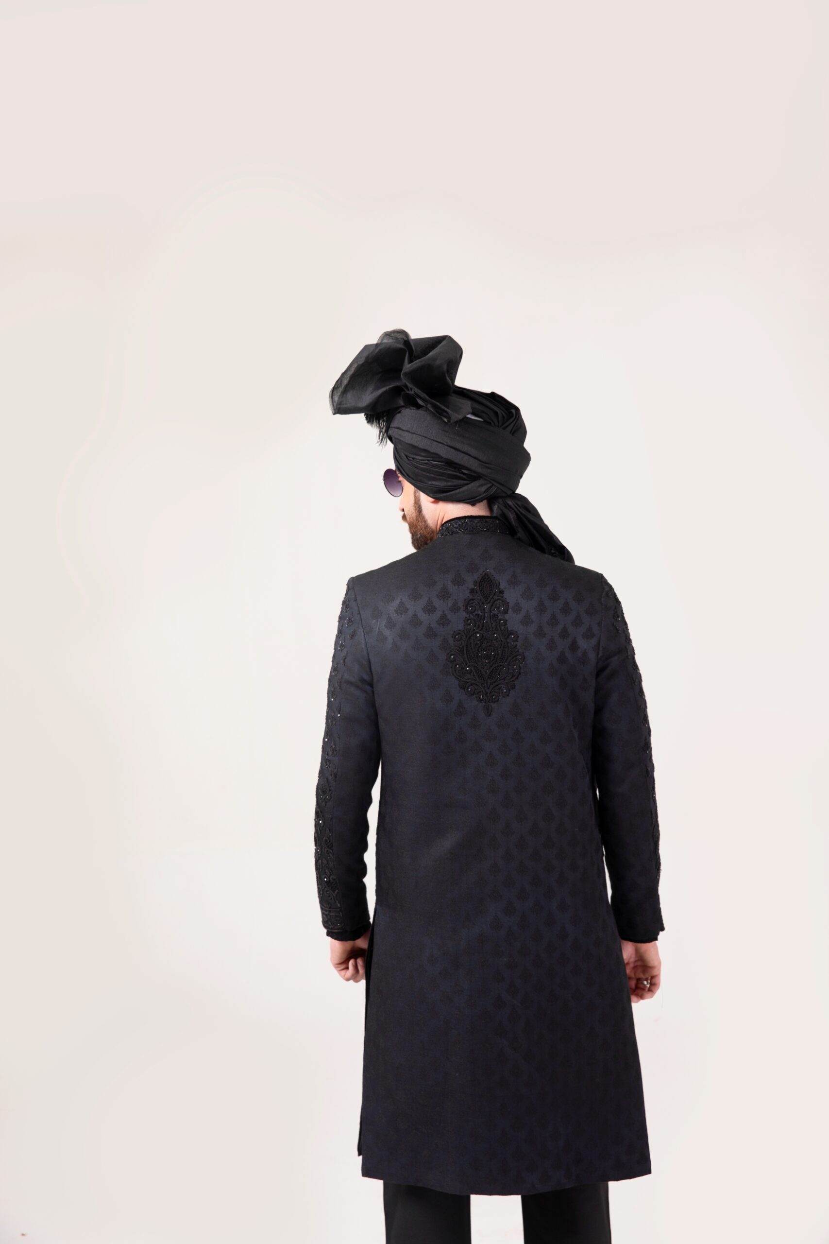 Black Heavy Motif Embroidered Silk-Blend Sherwani (2-Piece) - Image 2