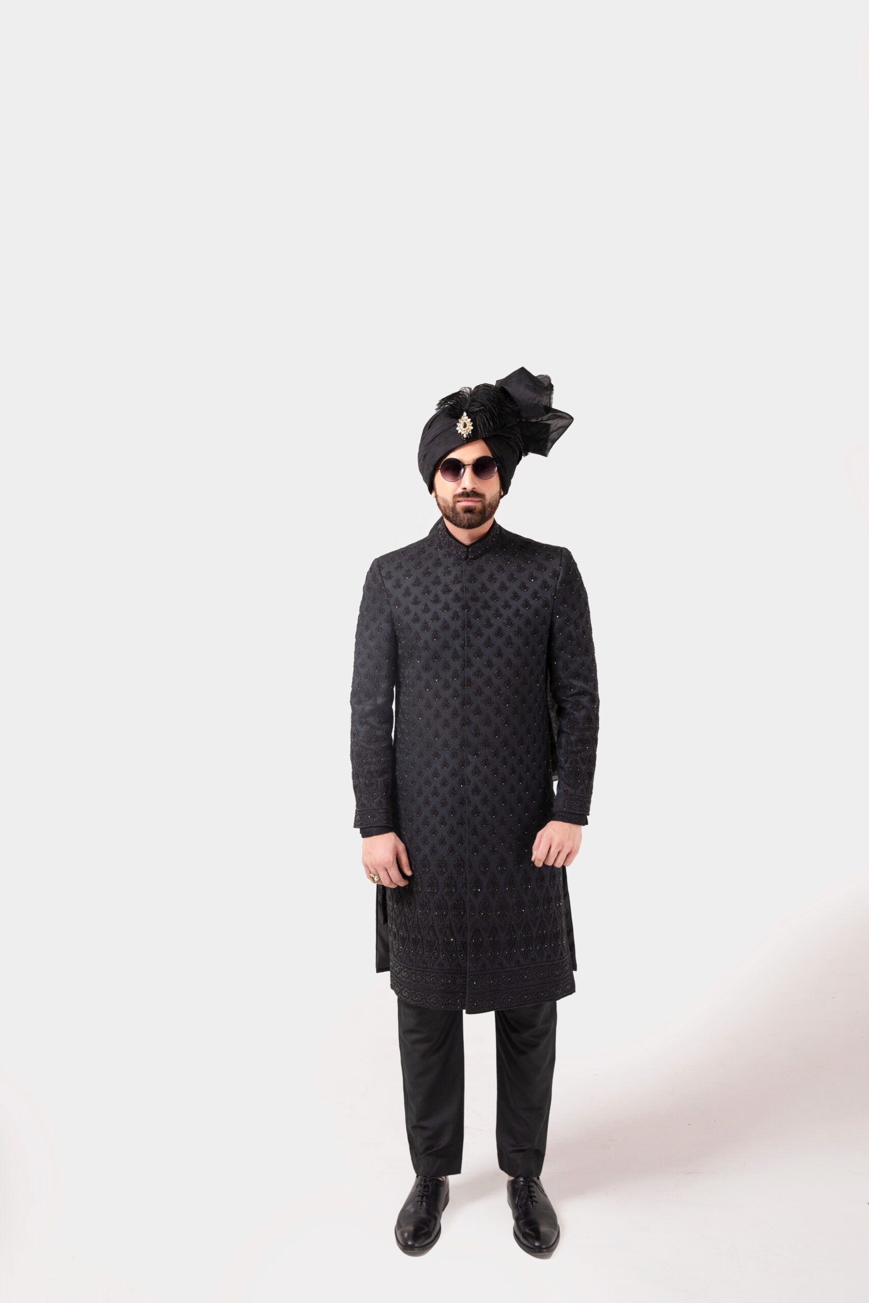 Black Heavy Motif Embroidered Silk-Blend Sherwani (2-Piece) - Image 3