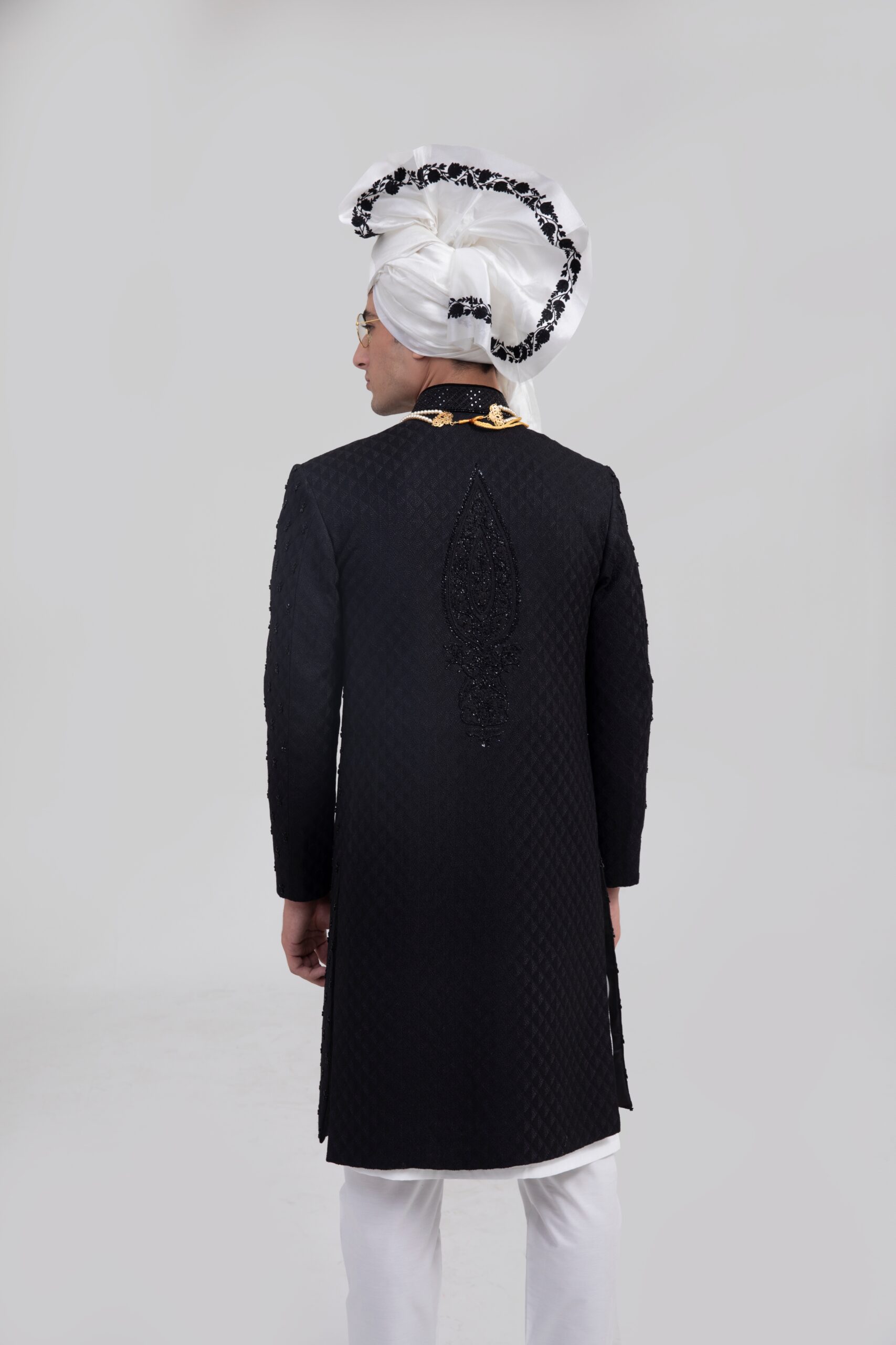 Black Embroidered Silk-Blend Groom Sherwani (3-Piece) - Image 4
