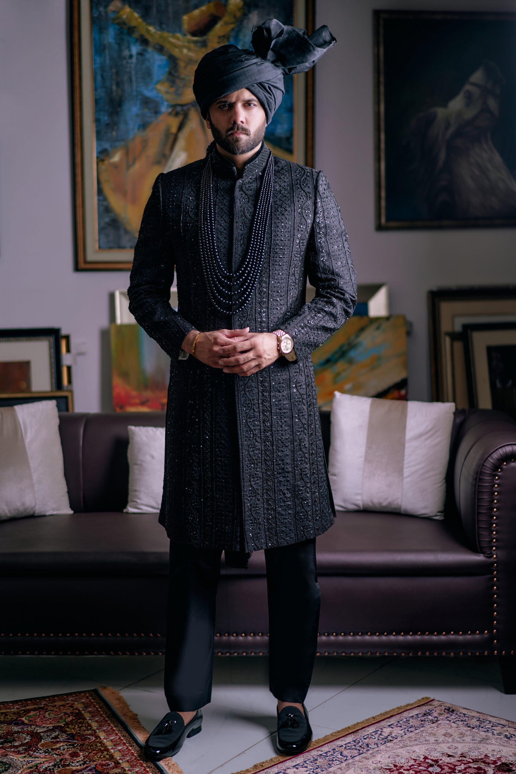 Black Shimmer Embroidered Silk-Blend Sherwani (3-Piece) - Image 1
