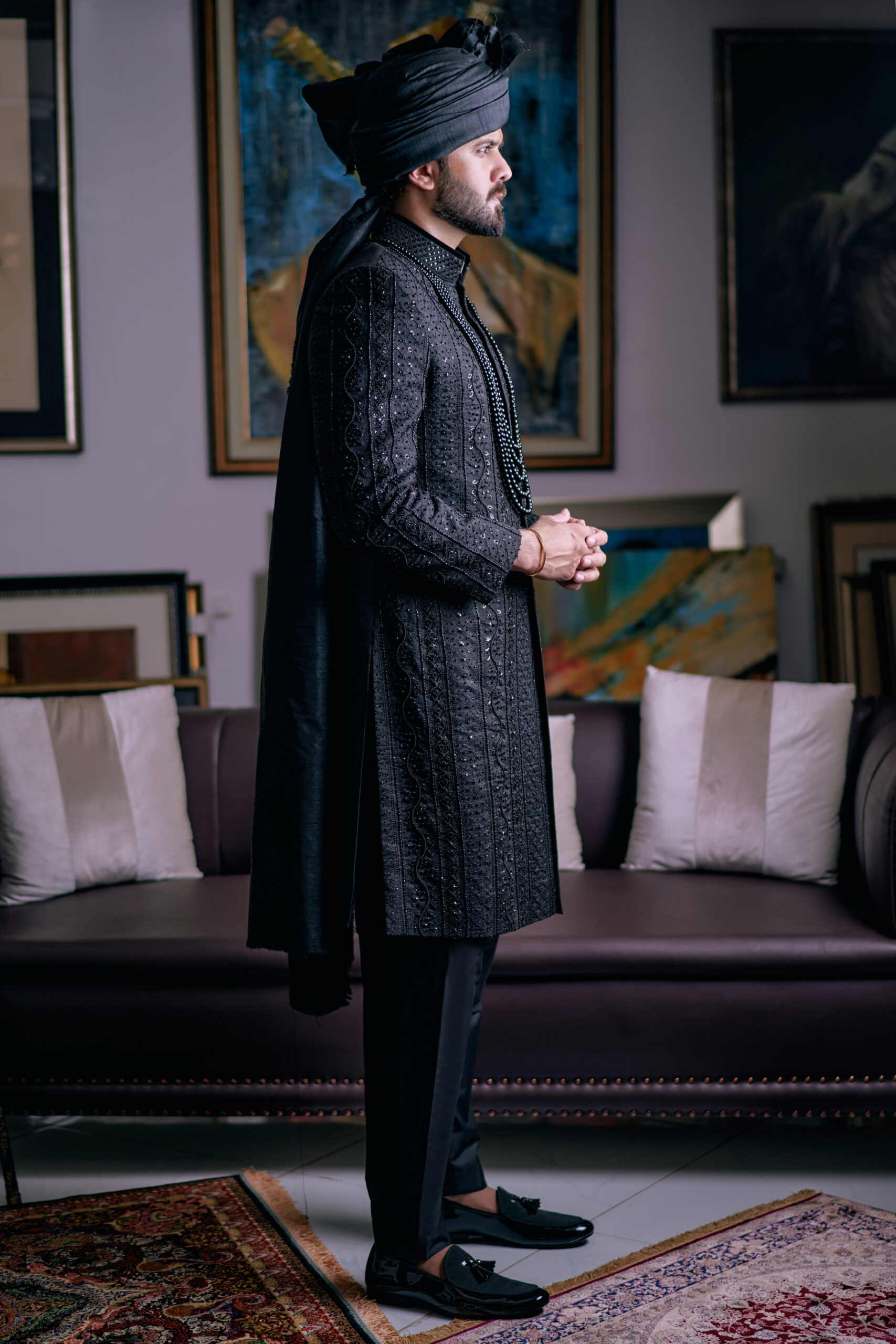 Black Shimmer Embroidered Silk-Blend Sherwani (3-Piece) - Image 2