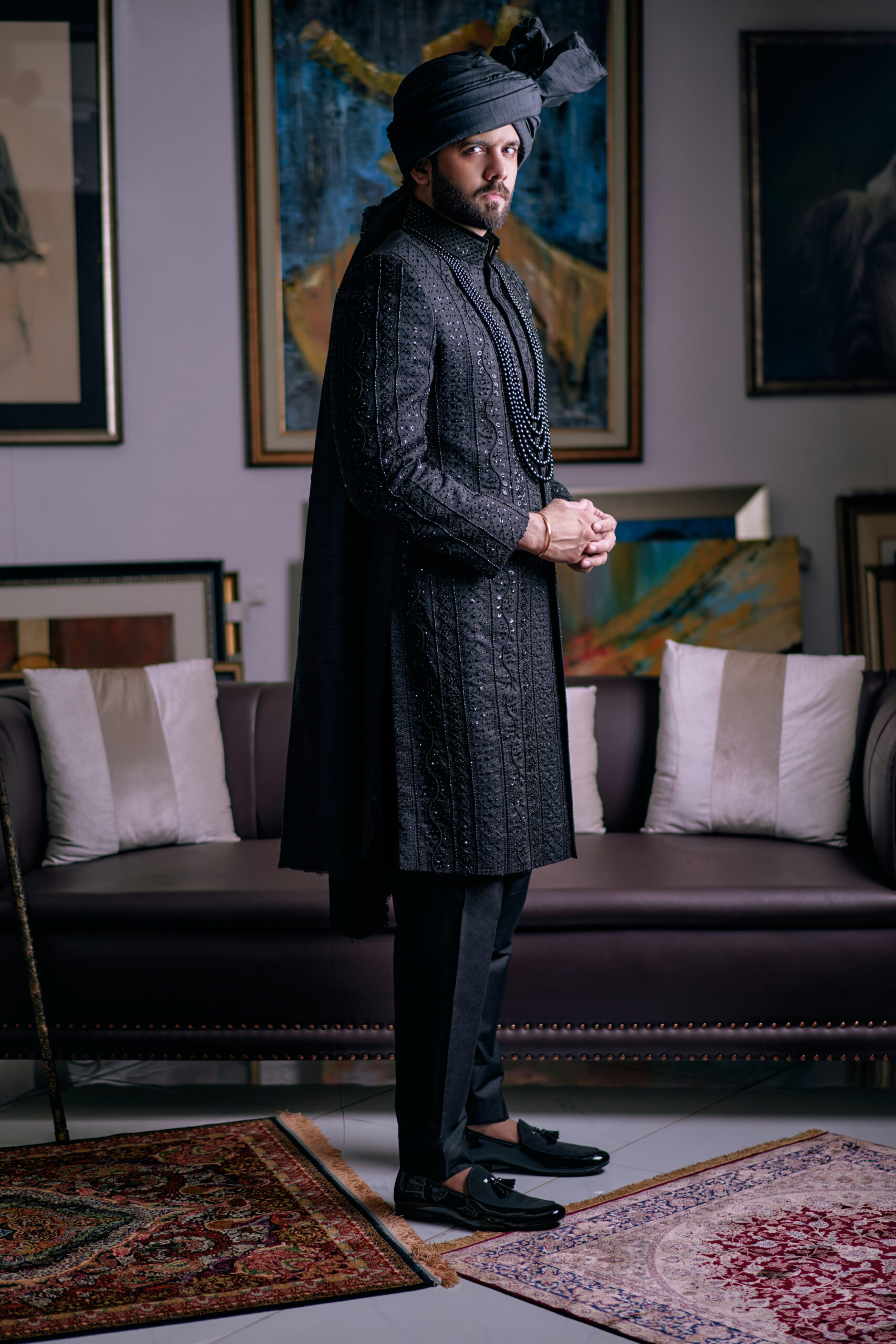 Black Shimmer Embroidered Silk-Blend Sherwani (3-Piece) - Image 3