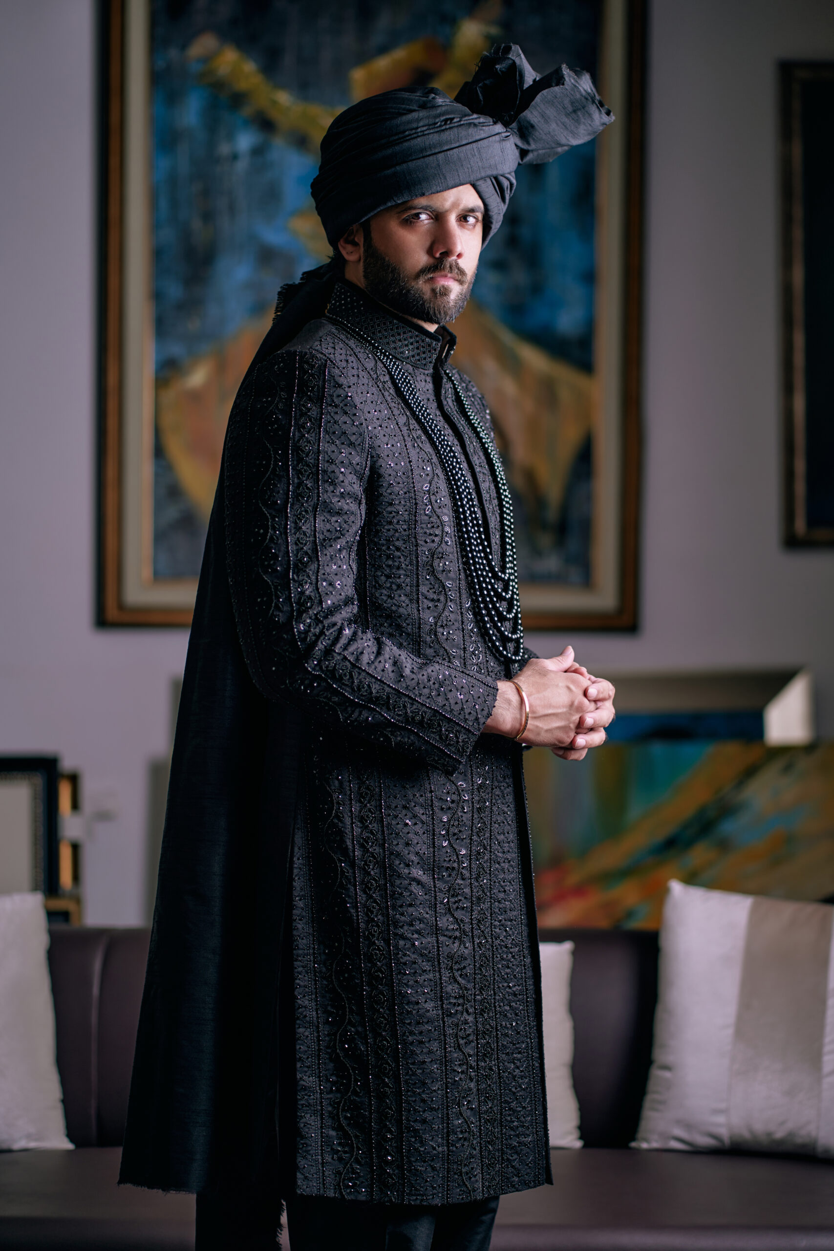 Black Shimmer Embroidered Silk-Blend Sherwani (3-Piece) - Image 4