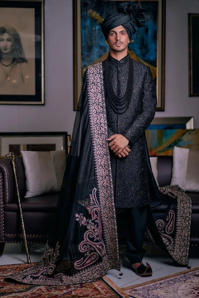 Obsidian Black Embroidered Silk-Blend Sherwani (4-Piece) - Image 1