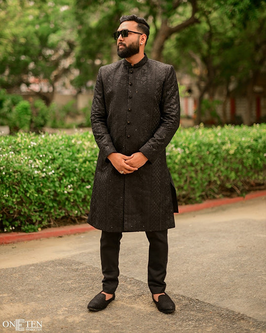 Black Jacquard Silk-Blend Groom Sherwani (2-Piece) - Image 2