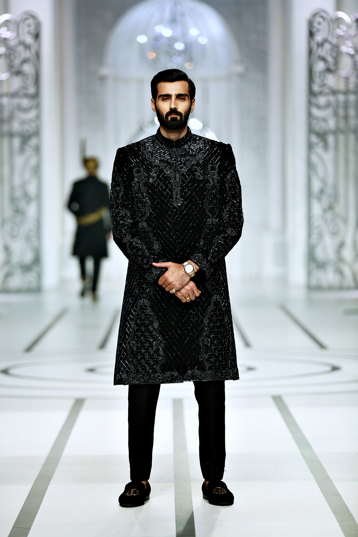 Black Embellished Silk-Blend Sherwani (2-Piece) - Image 1