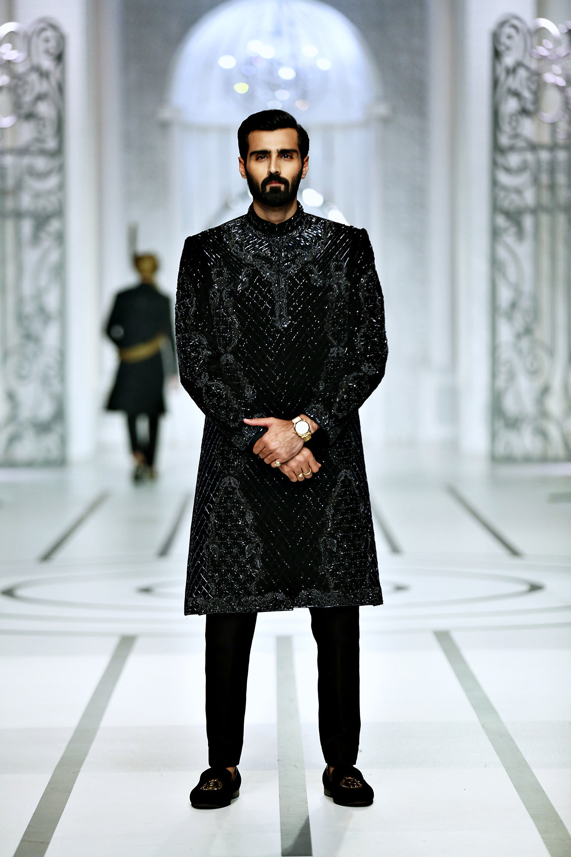 Black Embellished Silk-Blend Sherwani (2-Piece) - Image 2