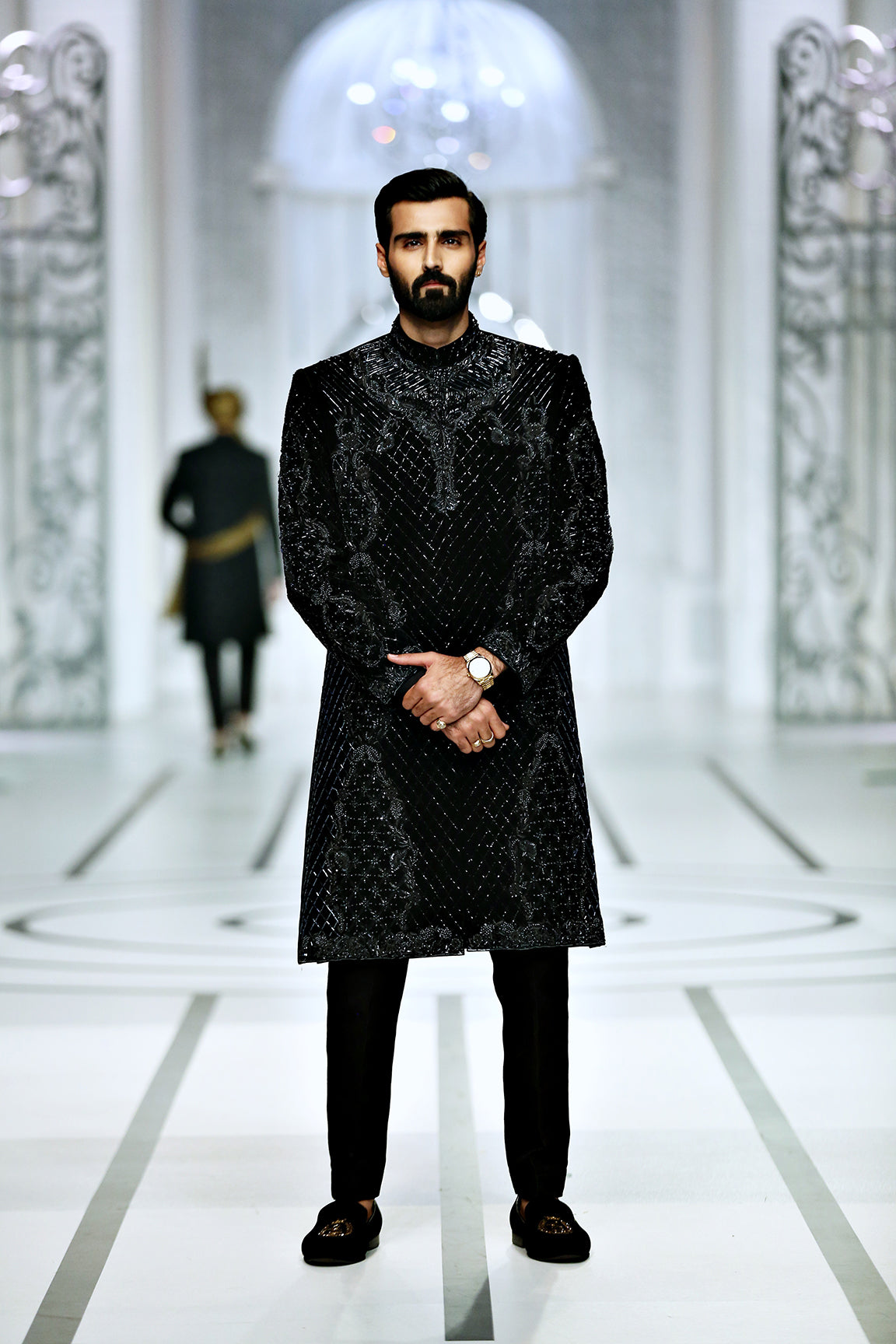 Black Embellished Silk-Blend Sherwani (2-Piece) - Image 3