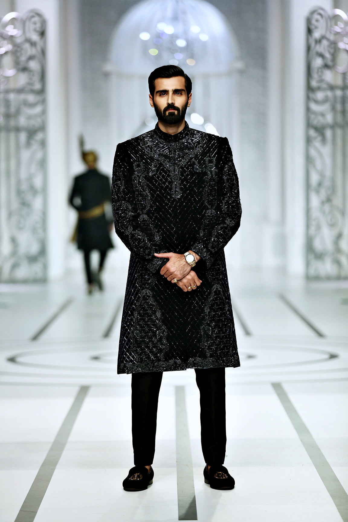 Black Embellished Silk-Blend Sherwani (2-Piece) - Image 4