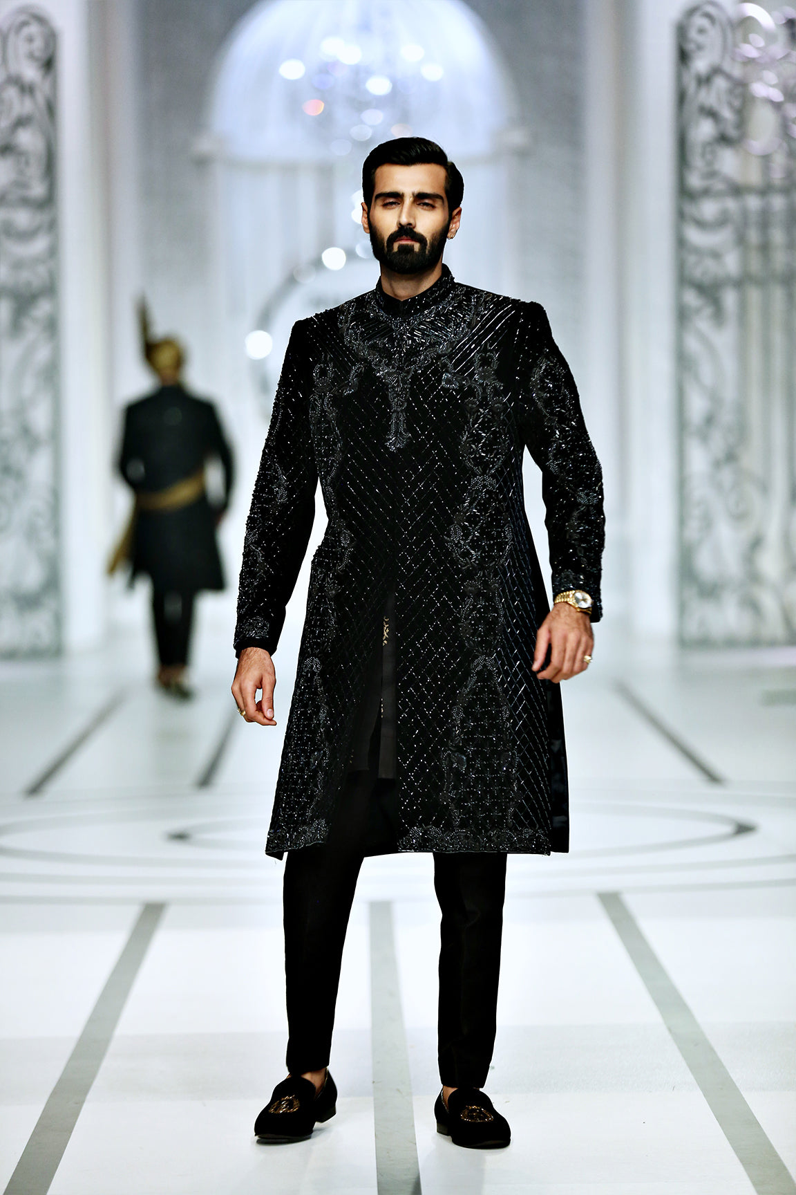 Black Embellished Silk-Blend Sherwani (2-Piece) - Image 5