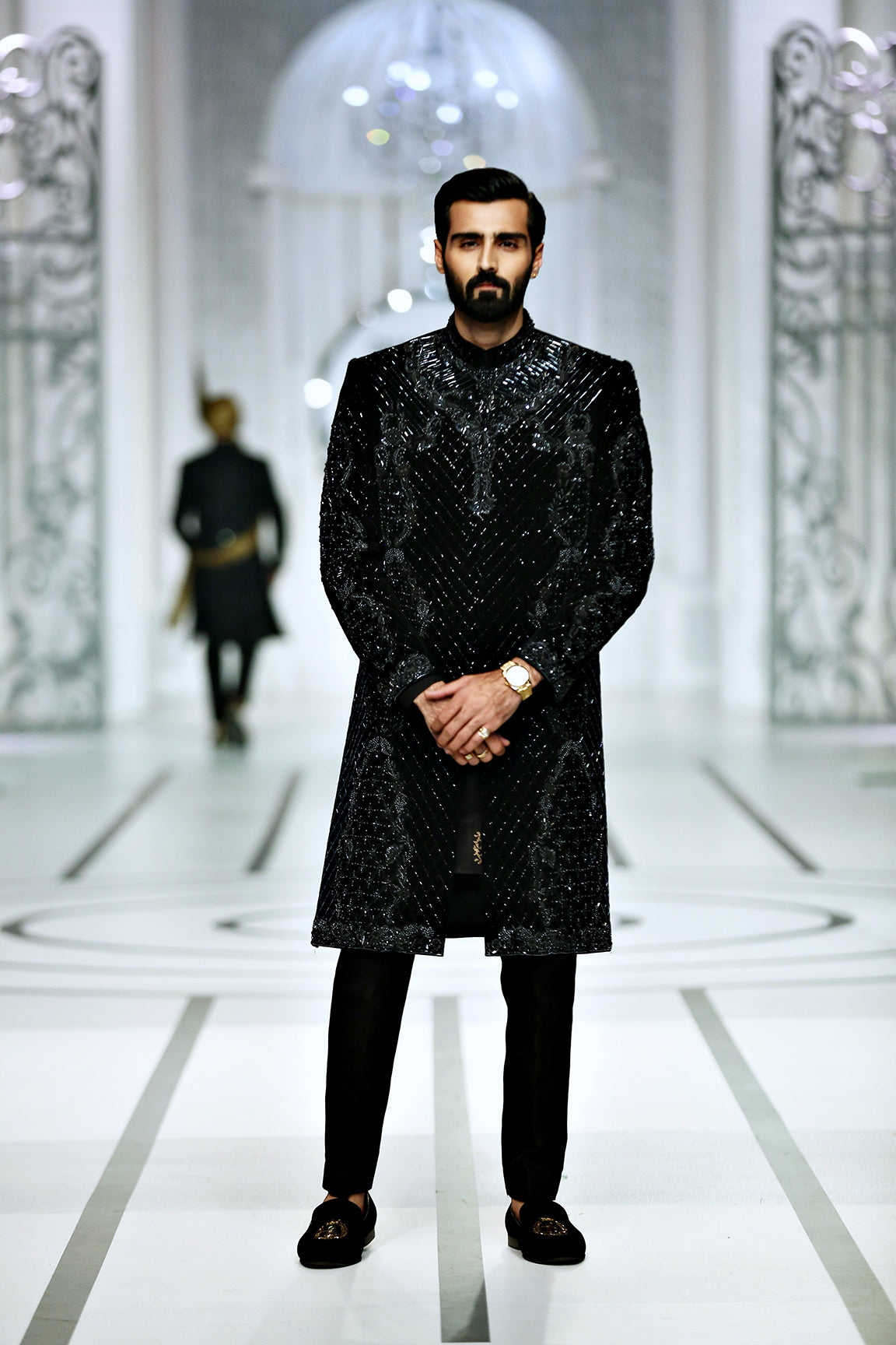 Black Embellished Silk-Blend Sherwani (2-Piece) - Image 6