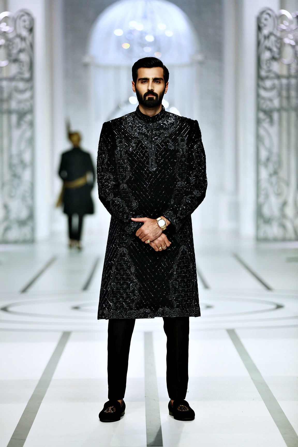 Black Embellished Silk-Blend Sherwani (2-Piece) - Image 7