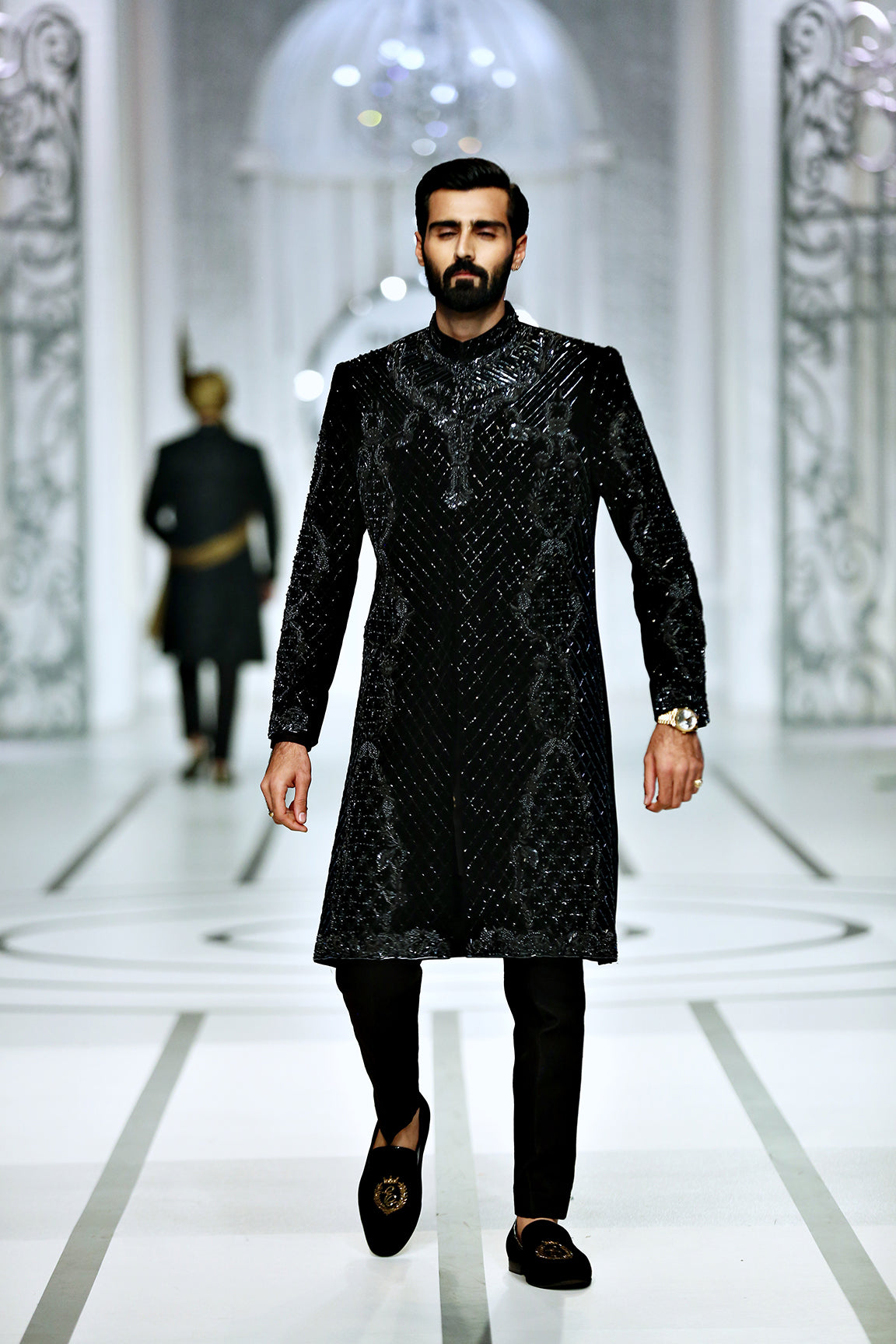 Black Embellished Silk-Blend Sherwani (2-Piece) - Image 8