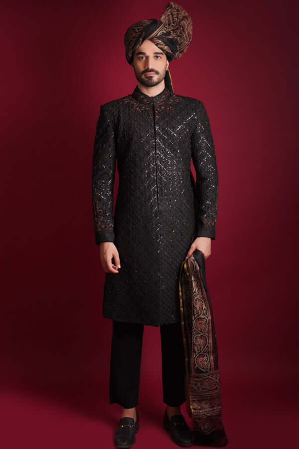 Jet Black Zardozi Stone Sherwani (5-Piece) - Image 1