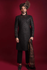 Jet Black Zardozi Stone Sherwani (5-Piece) - Image 2