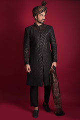 Jet Black Zardozi Stone Sherwani (5-Piece) - Image 3