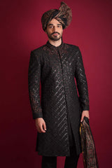 Jet Black Zardozi Stone Sherwani (5-Piece) - Image 4