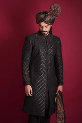 Jet Black Zardozi Stone Sherwani (5-Piece) - Image 5