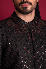 Jet Black Zardozi Stone Sherwani (5-Piece) - Image 6