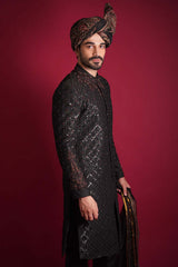 Jet Black Zardozi Stone Sherwani (5-Piece) - Image 7