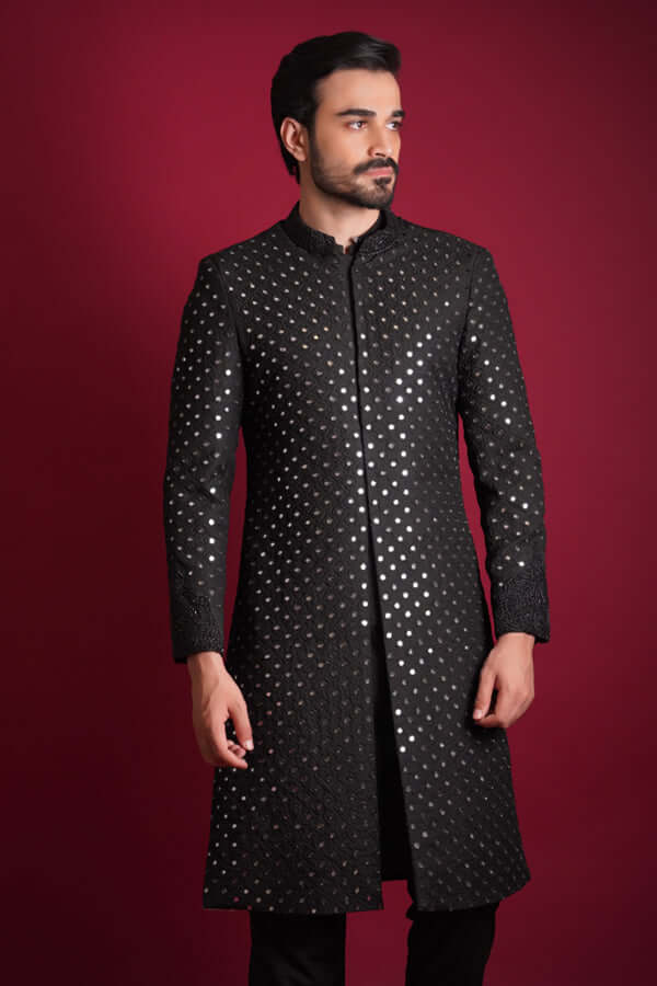 Jet Black Mirror Worked Zardozi Sherwani (3-Piece) - Image 1