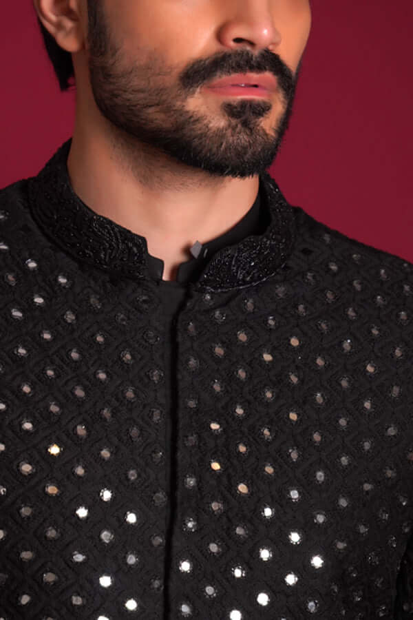 Jet Black Mirror Worked Zardozi Sherwani (3-Piece) - Image 2
