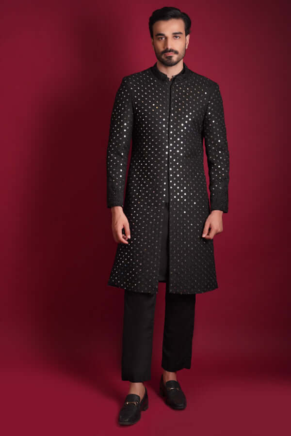 Jet Black Mirror Worked Zardozi Sherwani (3-Piece) - Image 3