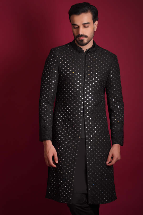 Jet Black Mirror Worked Zardozi Sherwani (3-Piece) - Image 4