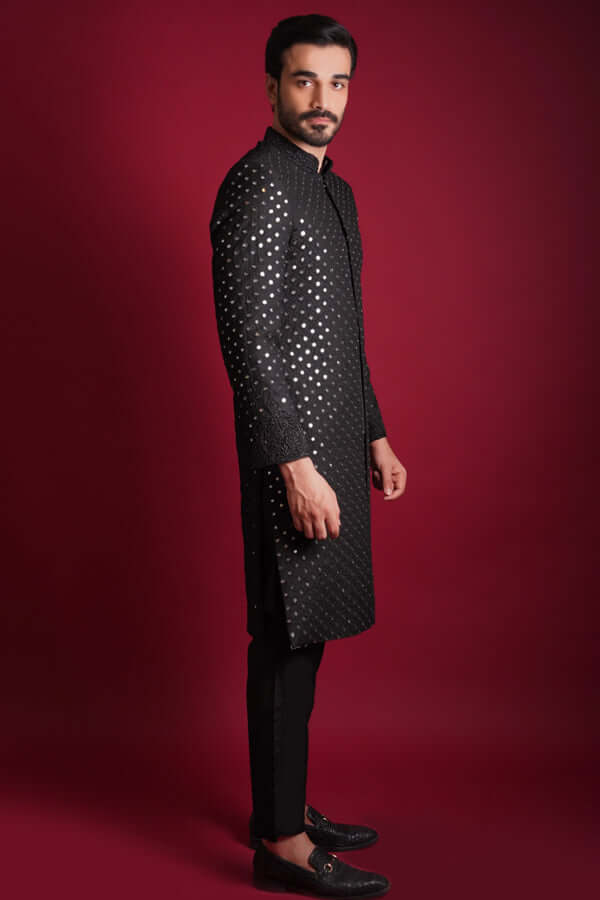 Jet Black Mirror Worked Zardozi Sherwani (3-Piece) - Image 5